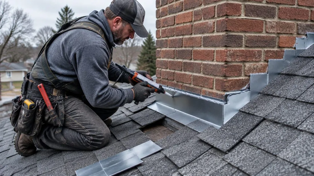 Repairing flashing where the roof meets a chimney