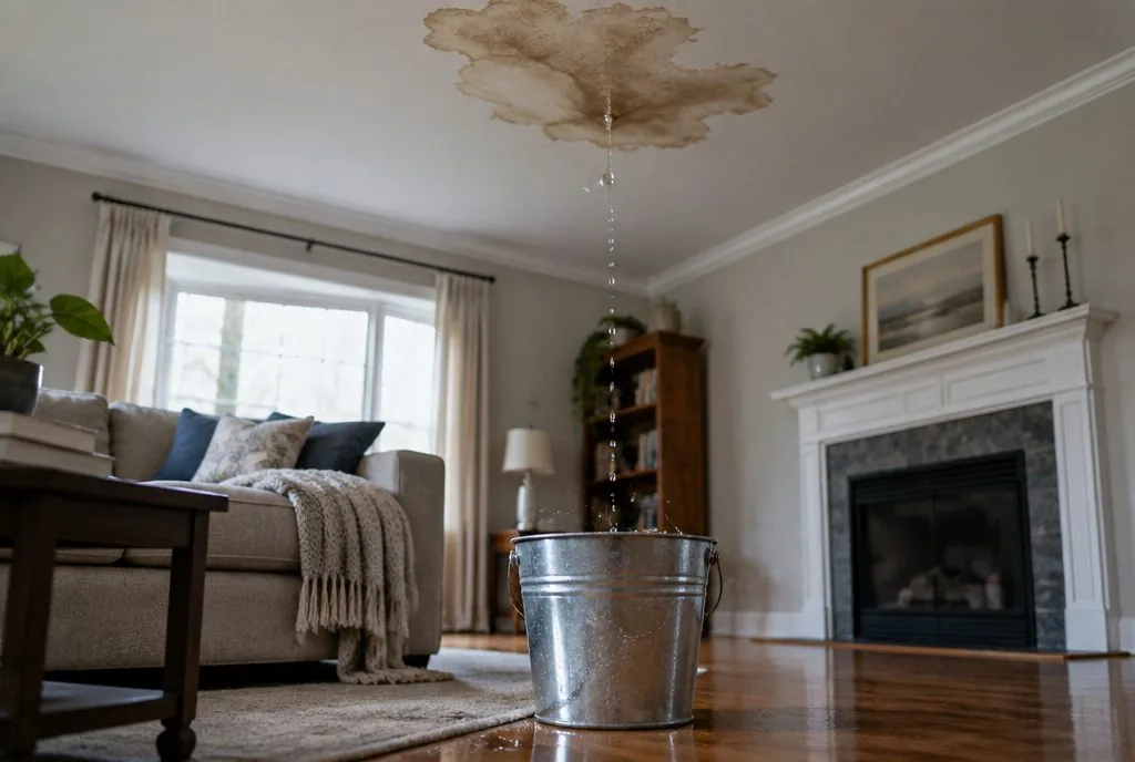 Water stain on a ceiling dripping into a bucket