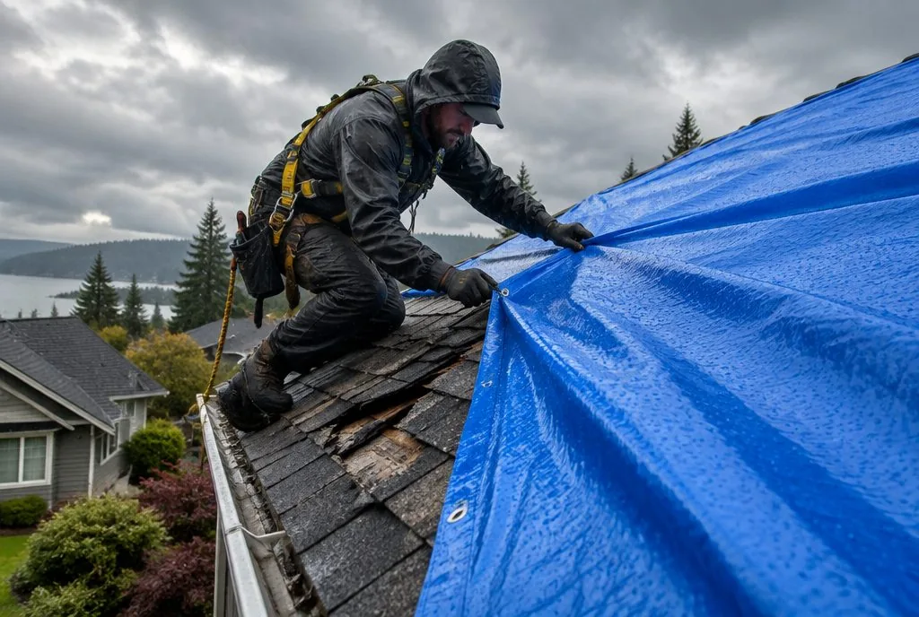 Valentin Roofing installing an emergency tarp in the rain